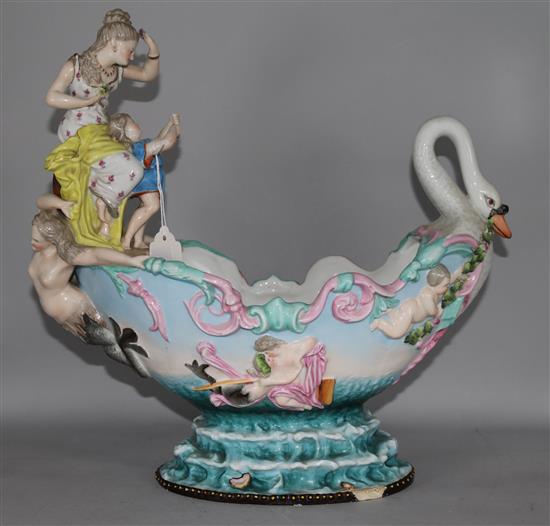 A Continental porcelain figural swan centrepiece